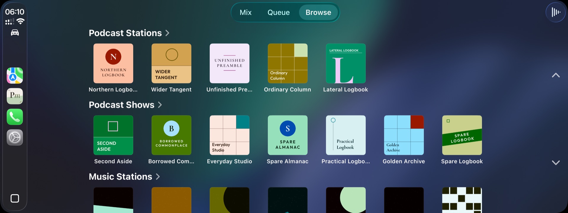 PodMelody Browse on a CarPlay screen, showing shelves for Podcast Stations, Podcast Shows and Music Stations