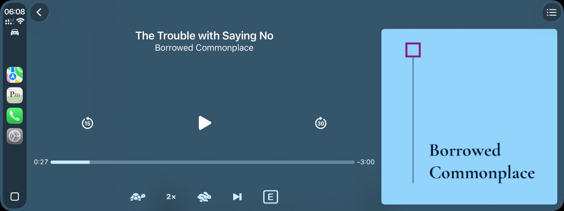 PodMelody playing on a CarPlay screen: episode title and show, large skip-back, play and skip-forward controls, a progress bar, and a row of speed controls showing 2×