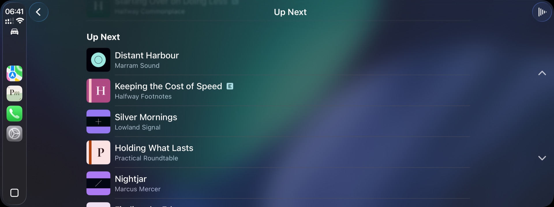PodMelody's Up Next queue on a CarPlay screen, alternating between music tracks and podcast episodes