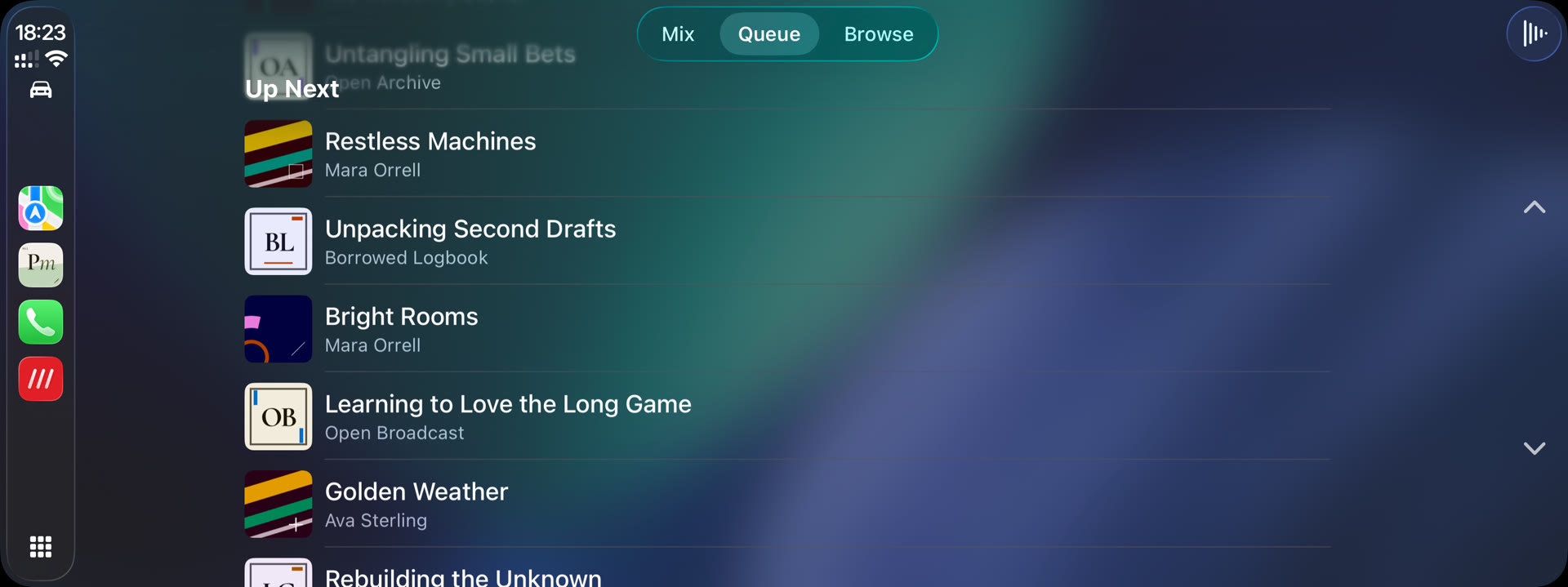 PodMelody's Up Next queue on a CarPlay screen, alternating between music tracks and podcast episodes