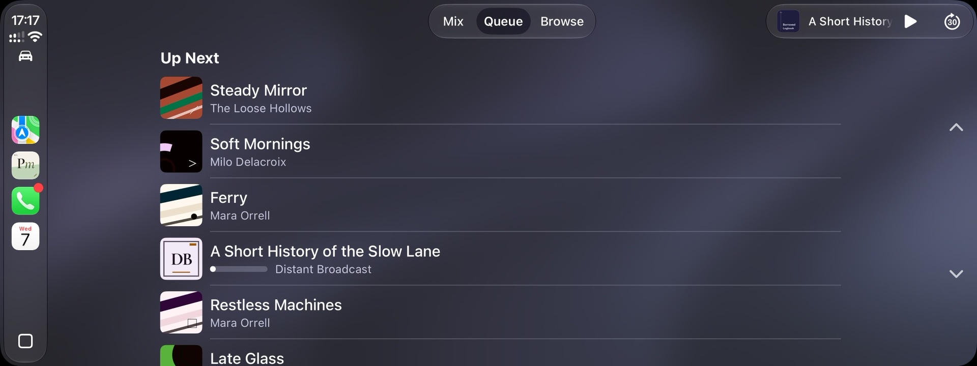 PodMelody's Up Next queue on a CarPlay screen, alternating between music tracks and podcast episodes