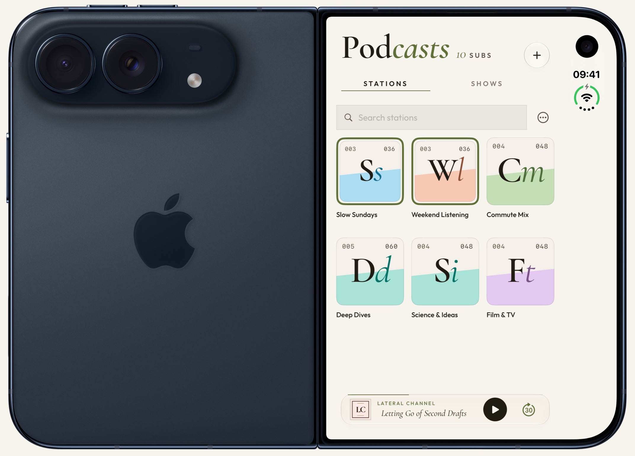 An iPhone Duo opened flat and seen from the outside: the back with its cameras on the left, and PodMelody's Podcasts page on the cover screen on the right, with a grid of podcast stations and the mini-player