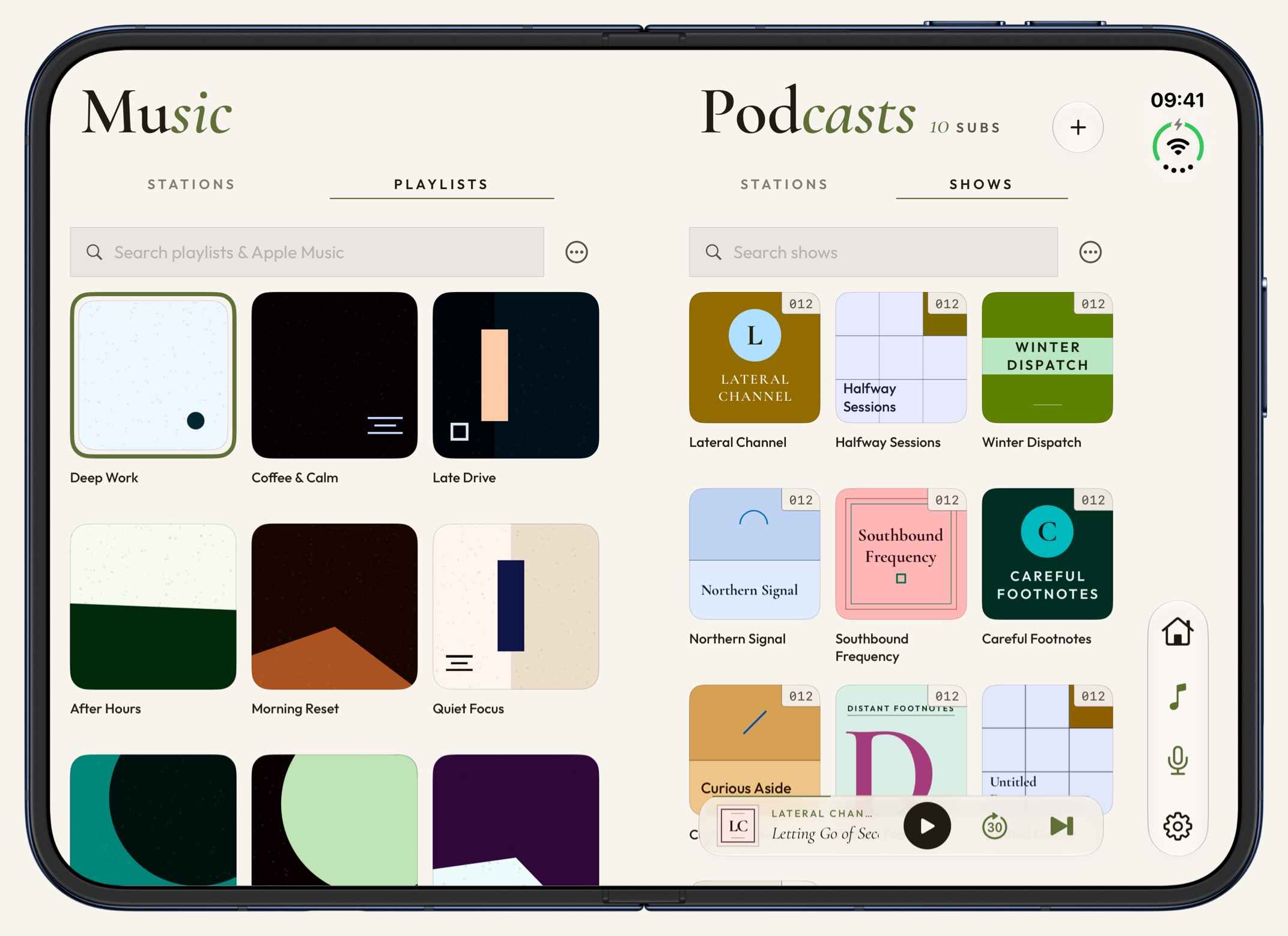 PodMelody on an opened iPhone Duo turned sideways: Music on the left page with a grid of playlists, Podcasts on the right page with a grid of shows, each with its own search field, and the mini-player along the bottom