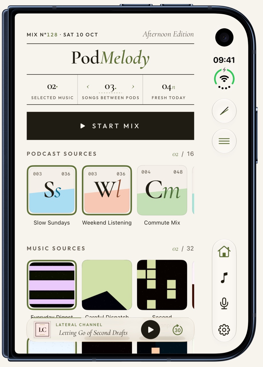 A closed iPhone Duo with PodMelody's Home on its cover screen: the PodMelody masthead, counters for selected music, songs between pods and fresh episodes, a Start Mix bar, podcast and music source tiles, and the mini-player