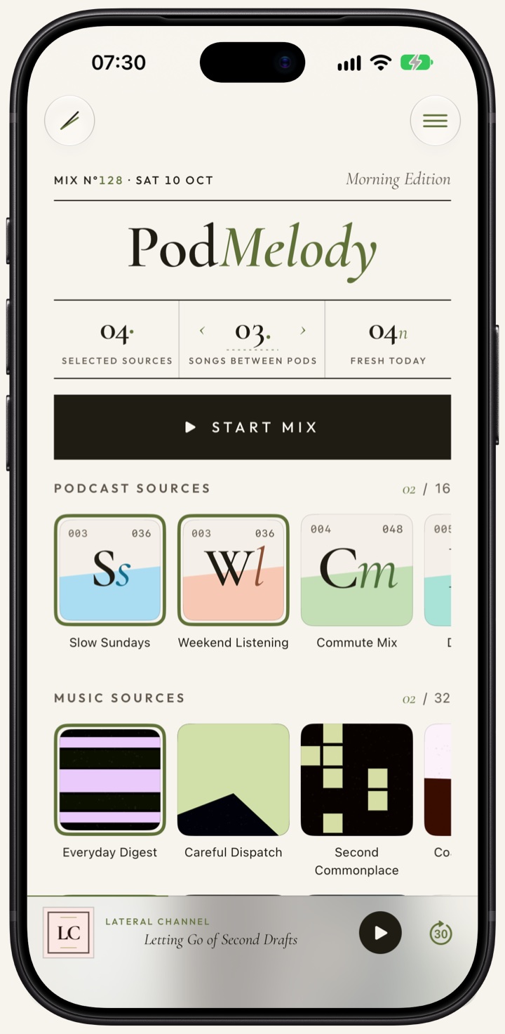 PodMelody Home: podcast and music source tiles above a Start Mix button, with a control for how many songs play between episodes
