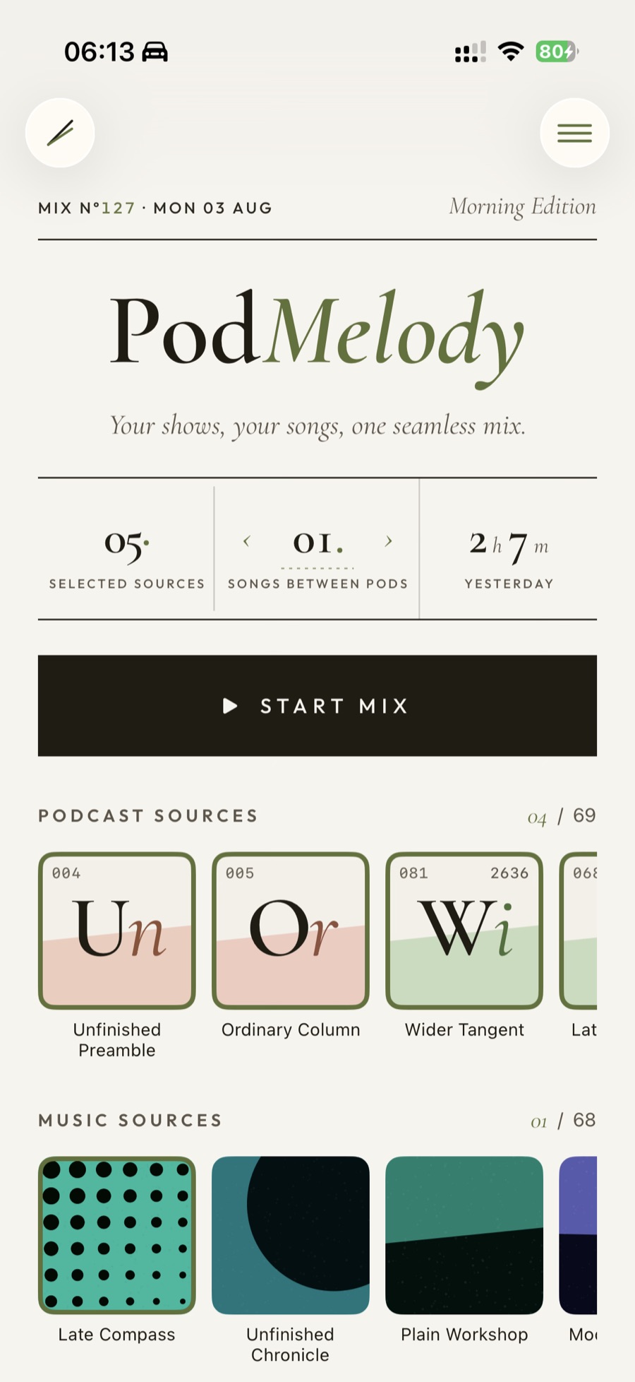 PodMelody Home: podcast and music source tiles above a Start Mix button, with a control for how many songs play between episodes