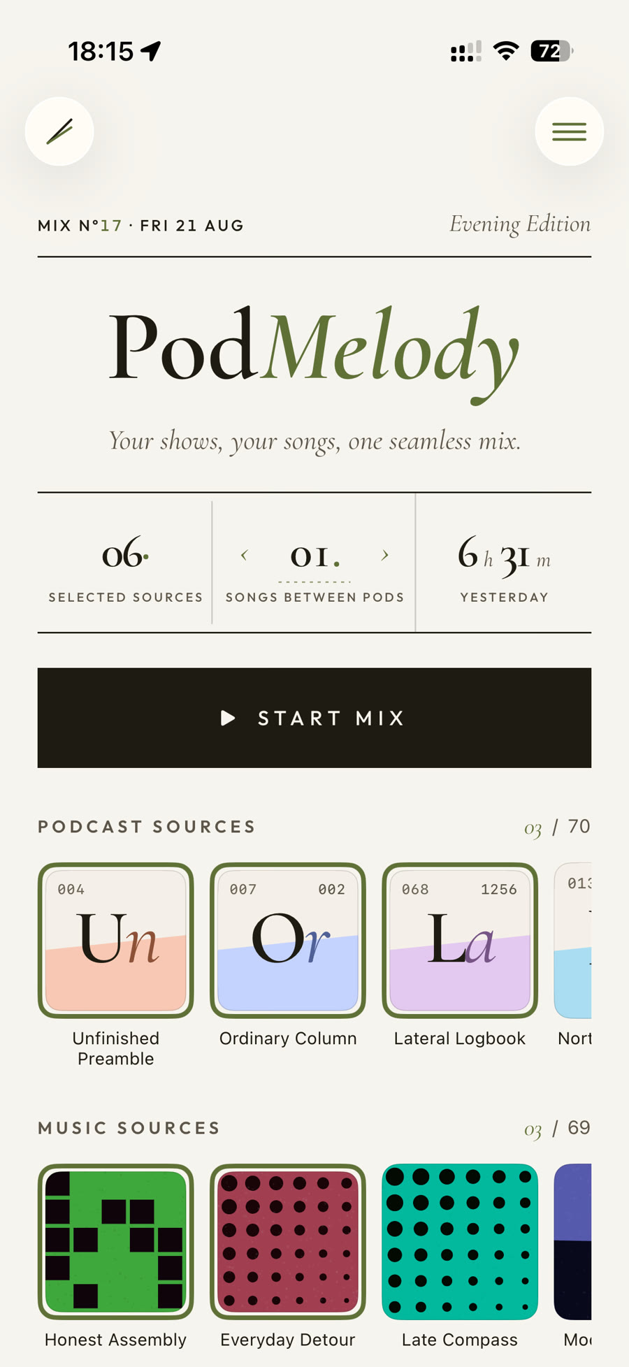 PodMelody Home: podcast and music source tiles above a Start Mix button, with a control for how many songs play between episodes