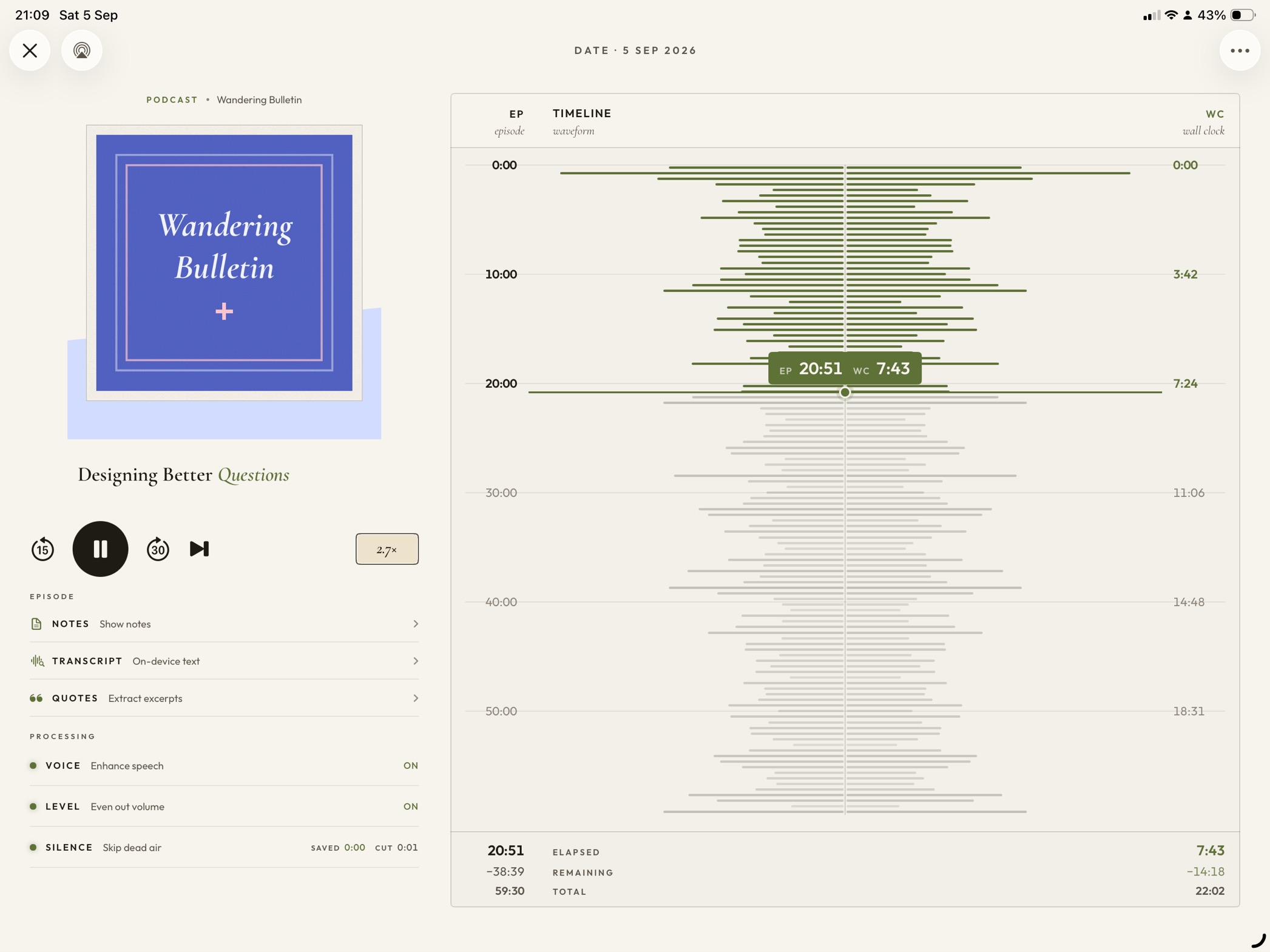 PodMelody playing a podcast on iPad: a full waveform timeline with episode and wall-clock scales, a 2.7× speed control, and voice enhancement, volume levelling and silence compression enabled