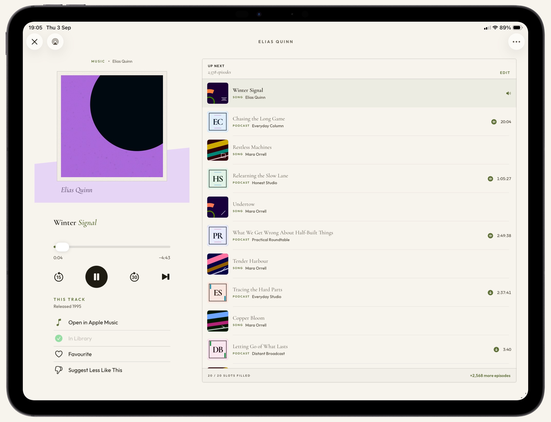 PodMelody on iPad: Now Playing on the left with artwork and transport controls, and the Up Next queue filling the right of the screen, alternating between rows marked SONG and rows marked PODCAST