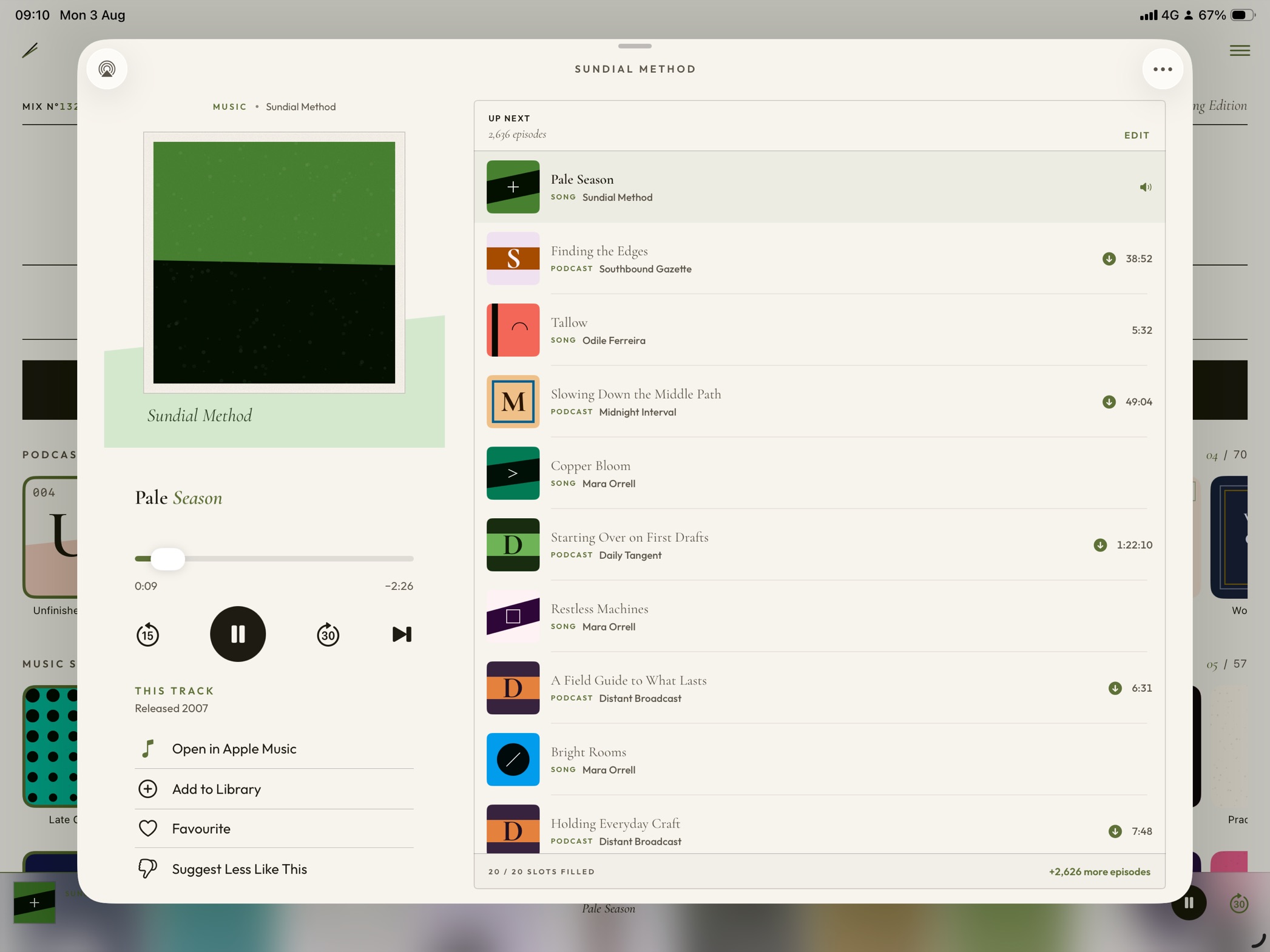 PodMelody on a large screen: Now Playing on the left with artwork and transport controls, and the Up Next queue on the right alternating between rows marked SONG and rows marked PODCAST