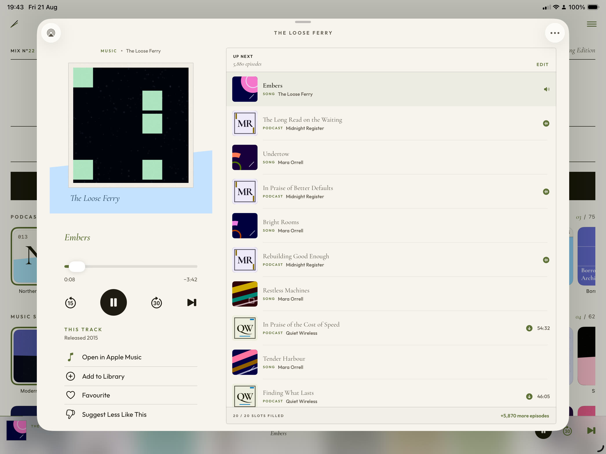 PodMelody on a large screen: Now Playing on the left with artwork and transport controls, and the Up Next queue on the right alternating between rows marked SONG and rows marked PODCAST