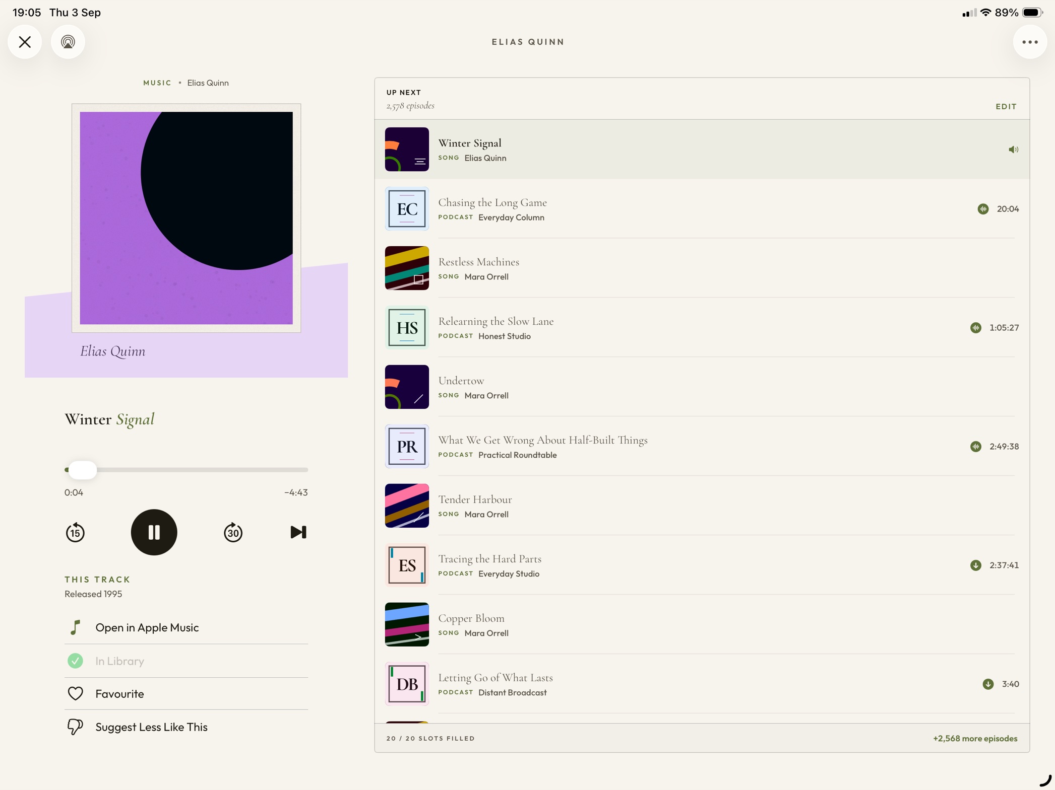 PodMelody on iPad: Now Playing on the left with artwork and transport controls, and the Up Next queue filling the right of the screen, alternating between rows marked SONG and rows marked PODCAST