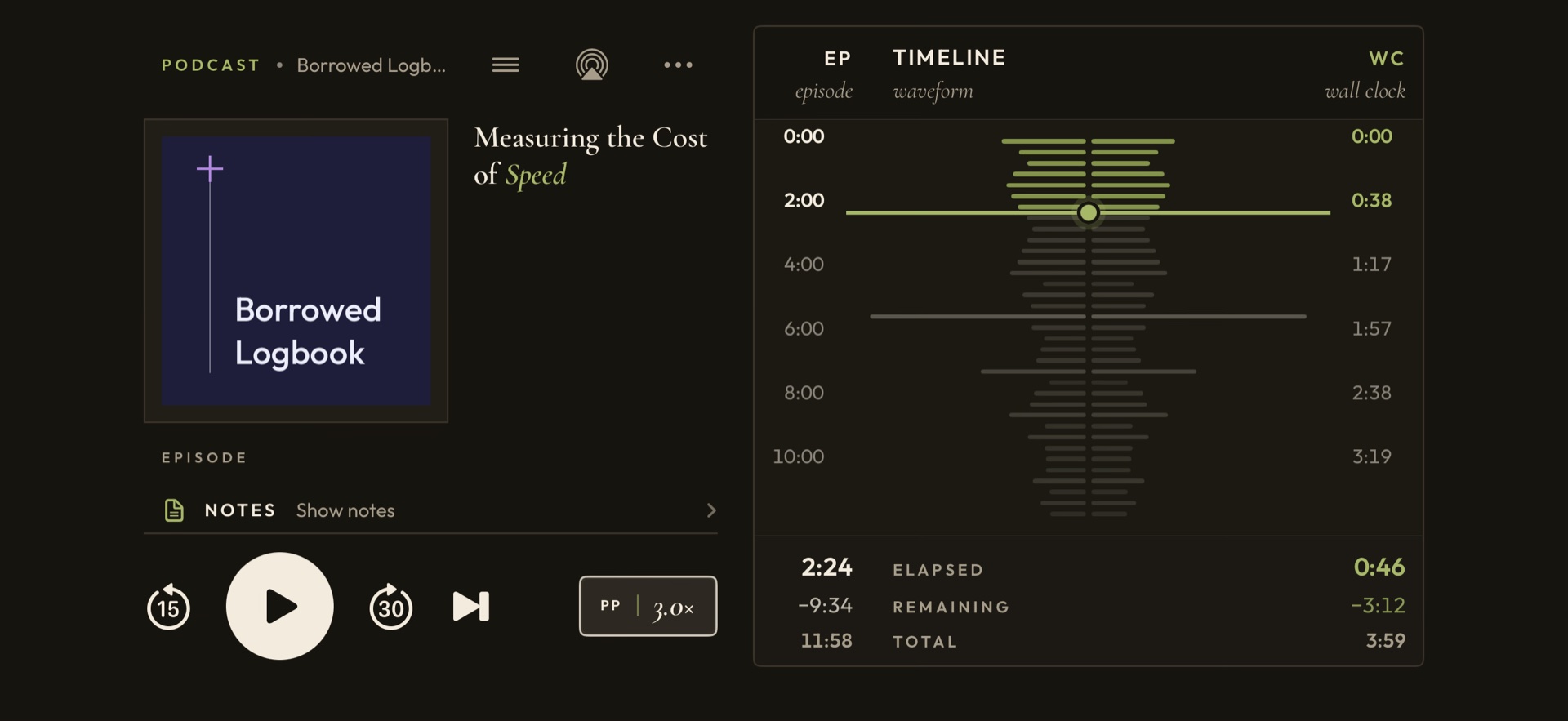 PodMelody on an iPhone turned sideways: cover art, episode title and transport controls on the left, and a waveform timeline on the right with episode time and wall-clock time side by side