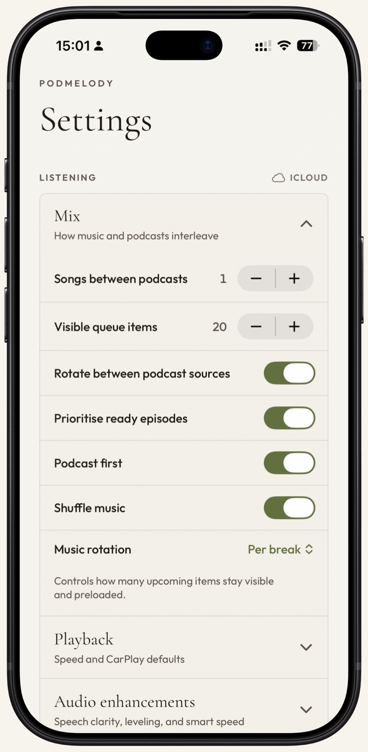 PodMelody's Mix settings: a Songs between podcasts stepper set to 1, a Visible queue items stepper set to 20, and toggles for rotating podcast sources, prioritising ready episodes, podcast first and shuffling music