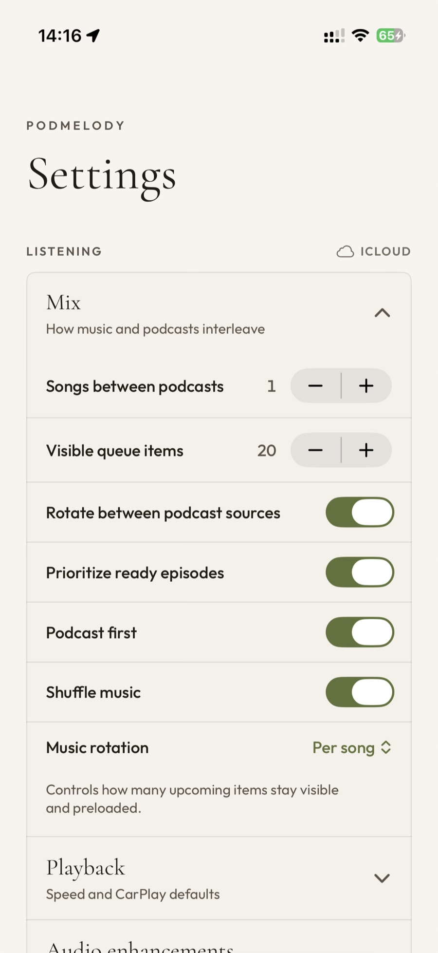 PodMelody's Mix settings: a Songs between podcasts stepper set to 1, a Visible queue items stepper set to 20, and toggles for rotating podcast sources, prioritising ready episodes, podcast first and shuffling music