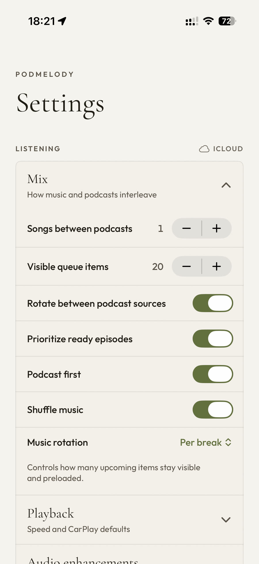 PodMelody's Mix settings: a Songs between podcasts stepper set to 1, a Visible queue items stepper set to 20, and toggles for rotating podcast sources, prioritising ready episodes, podcast first and shuffling music