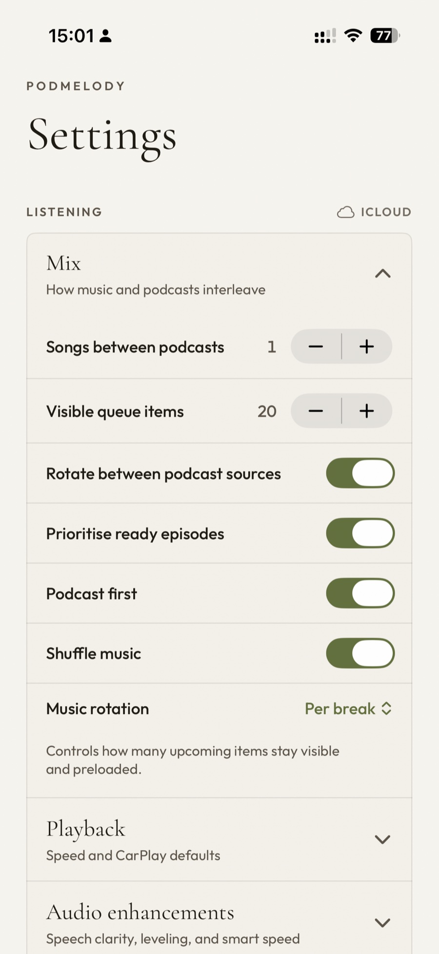 PodMelody's Mix settings: a Songs between podcasts stepper set to 1, a Visible queue items stepper set to 20, and toggles for rotating podcast sources, prioritising ready episodes, podcast first and shuffling music