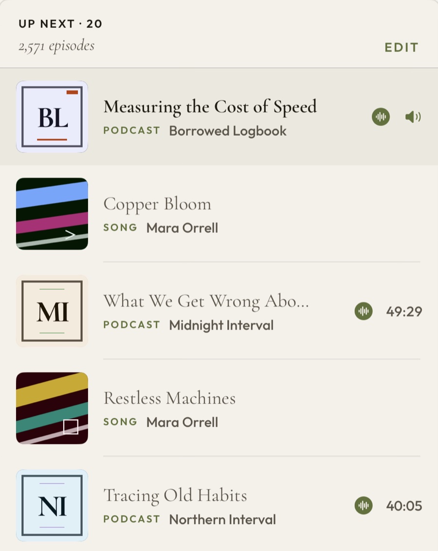 A close-up of PodMelody's Up Next list: rows labelled PODCAST and SONG alternating — an episode, a song, an episode, a song — each with its cover art