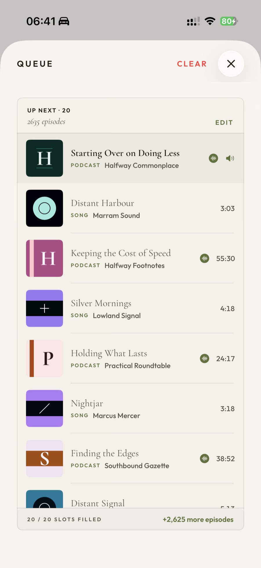 PodMelody's queue on iPhone: one continuous list alternating between rows marked PODCAST and rows marked SONG, with a running count of 20 upcoming items