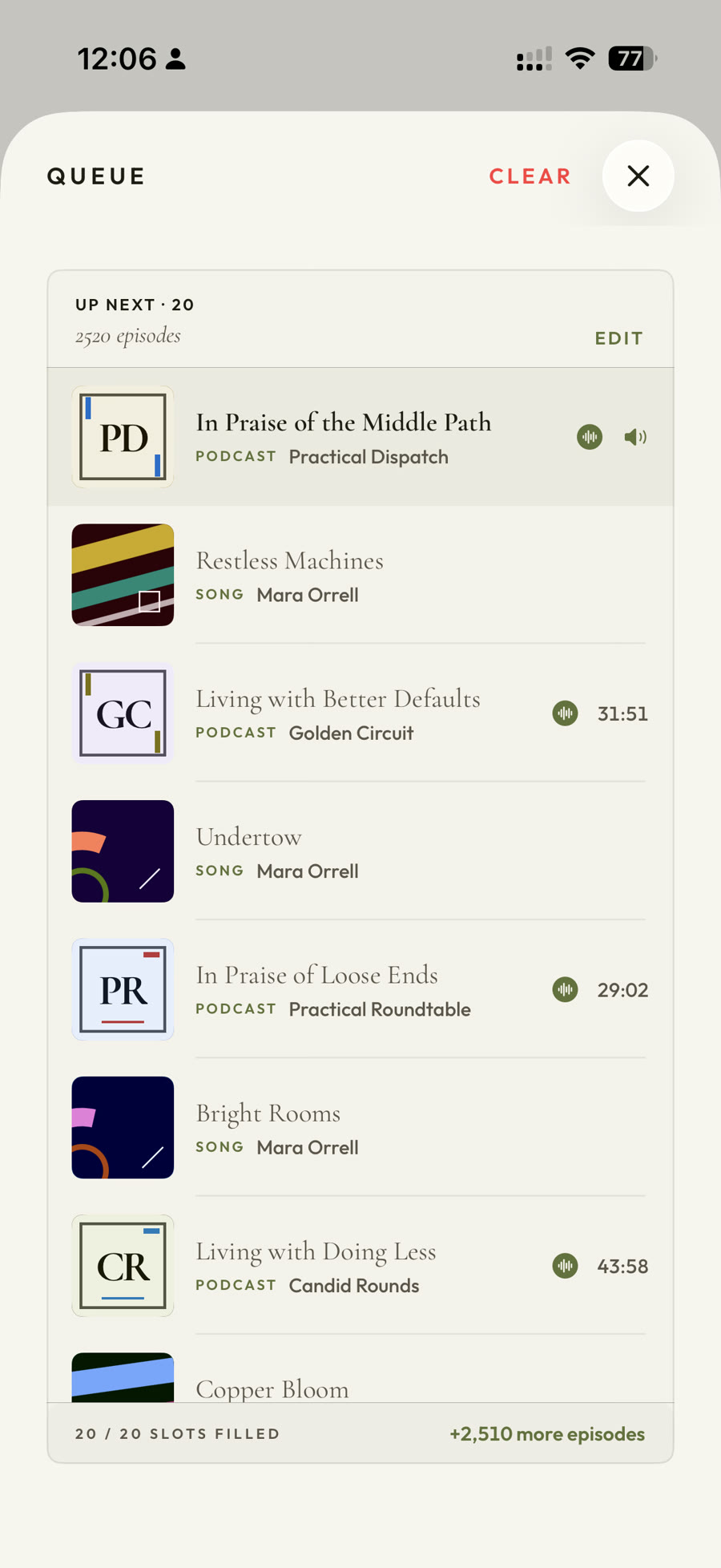 PodMelody's queue on iPhone: one continuous list alternating between rows marked PODCAST and rows marked SONG, with a running count of 20 upcoming items