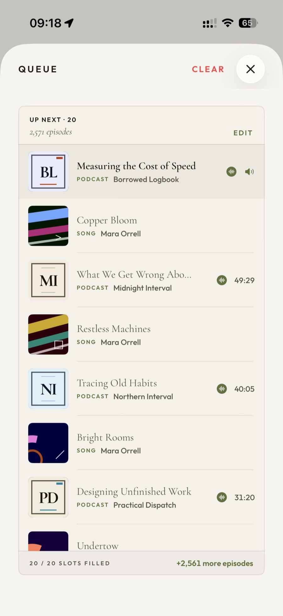 PodMelody's queue: an Up Next list alternating between rows labelled PODCAST and rows labelled SONG, with a footer showing 20 of 20 slots filled