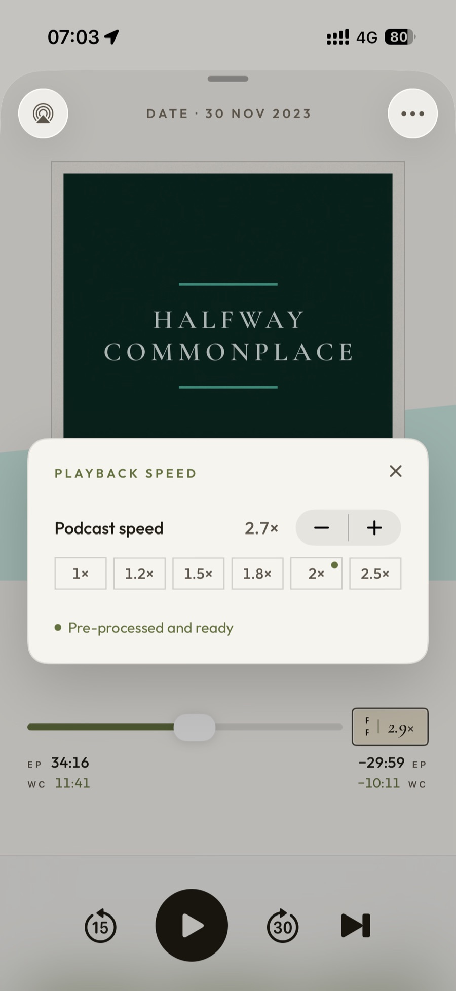 PodMelody's playback speed sheet: podcast speed set to 2.7× with minus and plus controls, preset buttons from 1× to 2.5×, and a note reading Pre-processed and ready