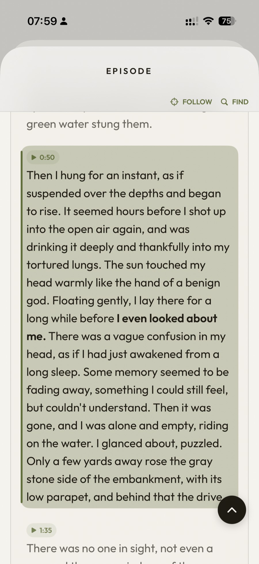 PodMelody's transcript view on iPhone: paragraphs of a spoken episode with timestamps, the current paragraph highlighted, and Follow and Find controls at the top